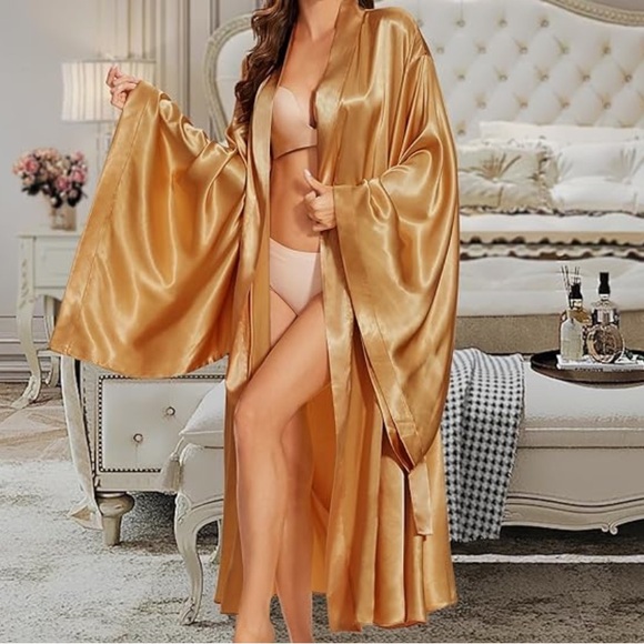 Gold satin festival dress cover up boho bohemian robe kimono kaftan pool pinup - Picture 4 of 5